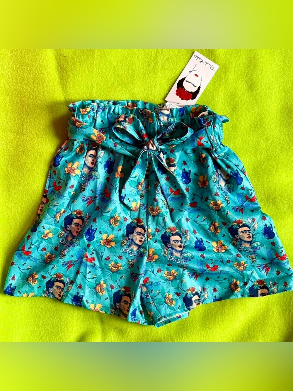 Frida Kahlo Print Turquoise Bow Waist Shorts